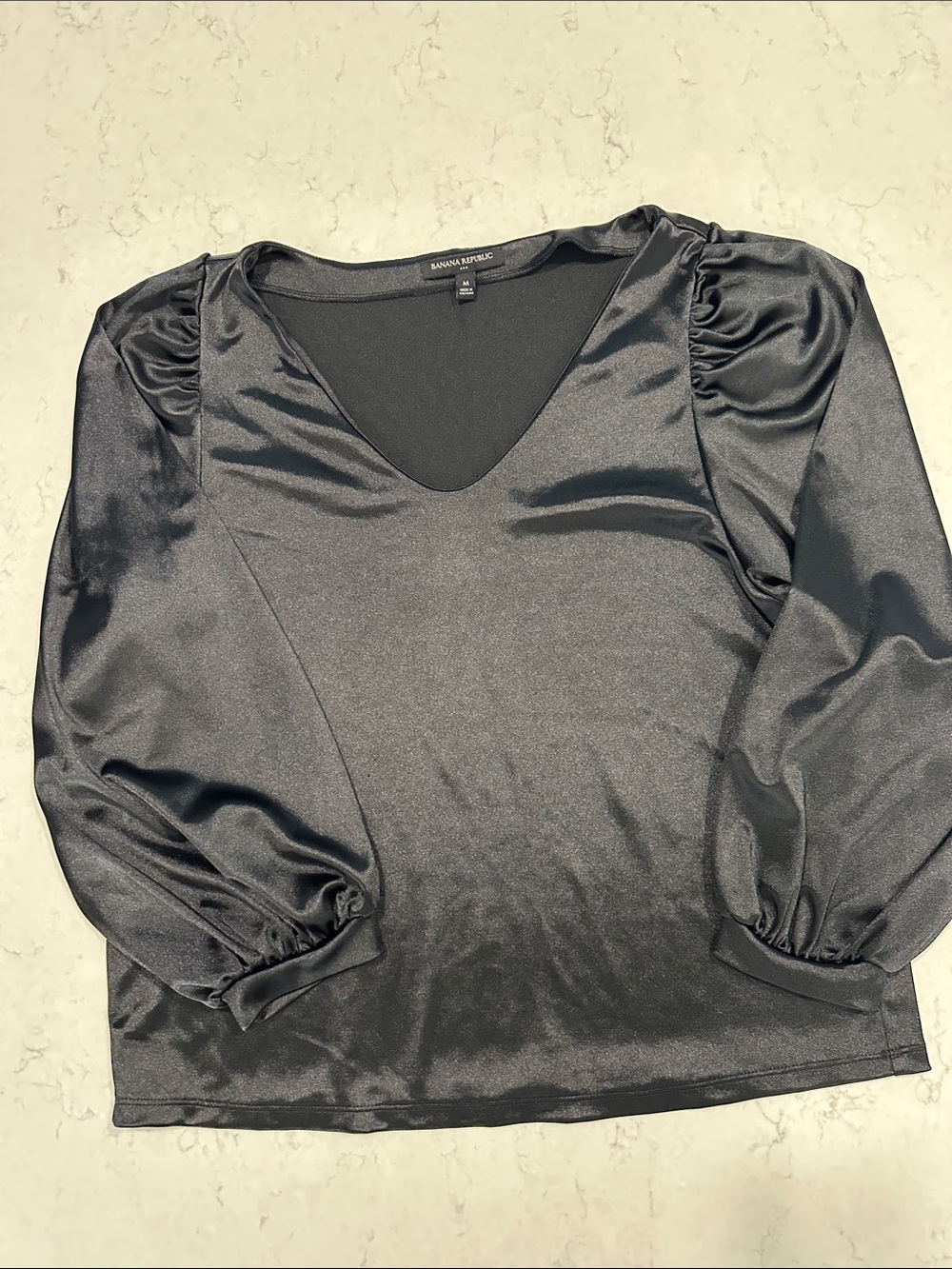 Banana Republic Factory Black Satin V-Neck Puff Sleeve Top
